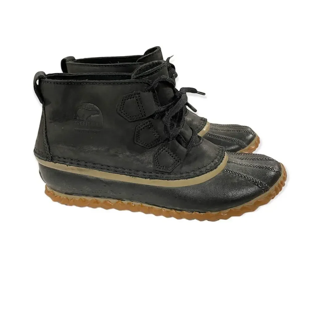Sorel Out N About Black Leather Lace Up Ankle Waterproof Duck Boots Size 7‎